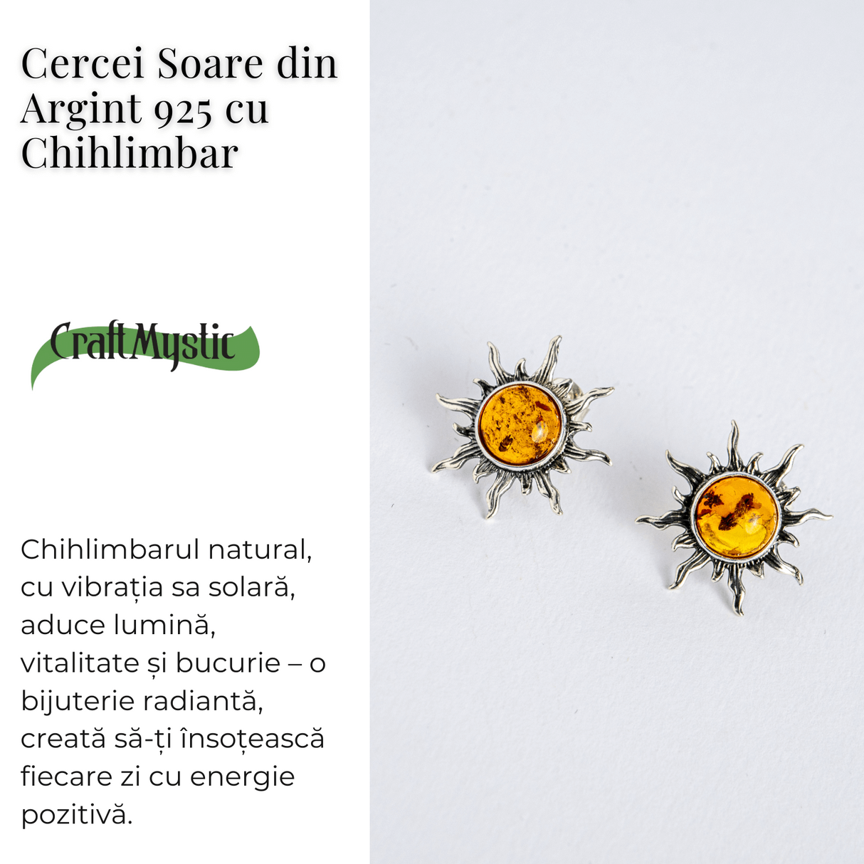 Cercei Soare din argint 925 cu chihlimbar - Lumina si bucurie in fiecare zi
