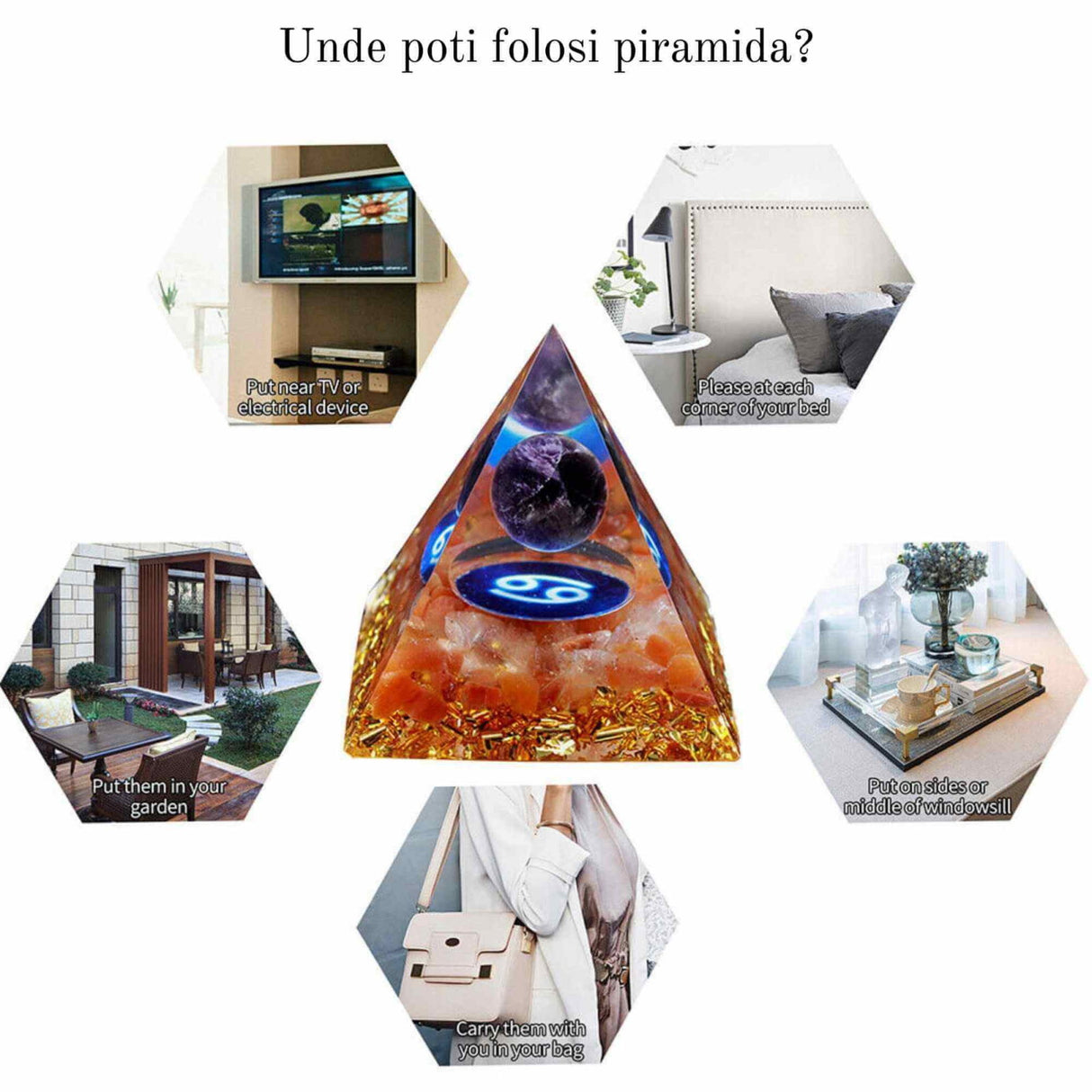 Piramida de Energie Orgonica 6 cm cu Cristale de Vindecare specifice Zodiei Berbec pentru Relaxare, Meditatie si Ornament