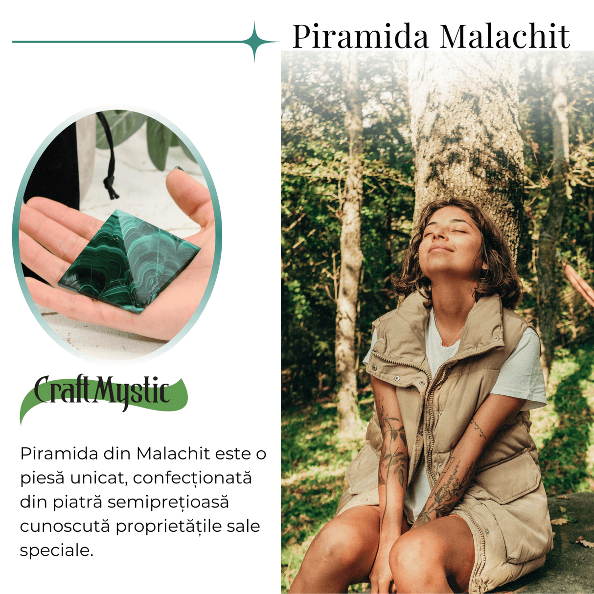 Piramida Malachit natural H 40-45 mm Latime 60 mm 210-230 gr - Sursa de Echilibru si Armonie