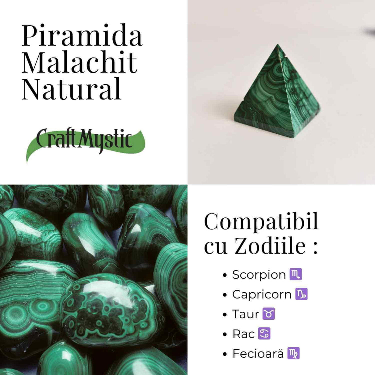 Piramida Malachit natural H 5 - 5.3 cm Latime 4.4 - 5.3 cm 163-190 gr - Claritate Mentala si Focus