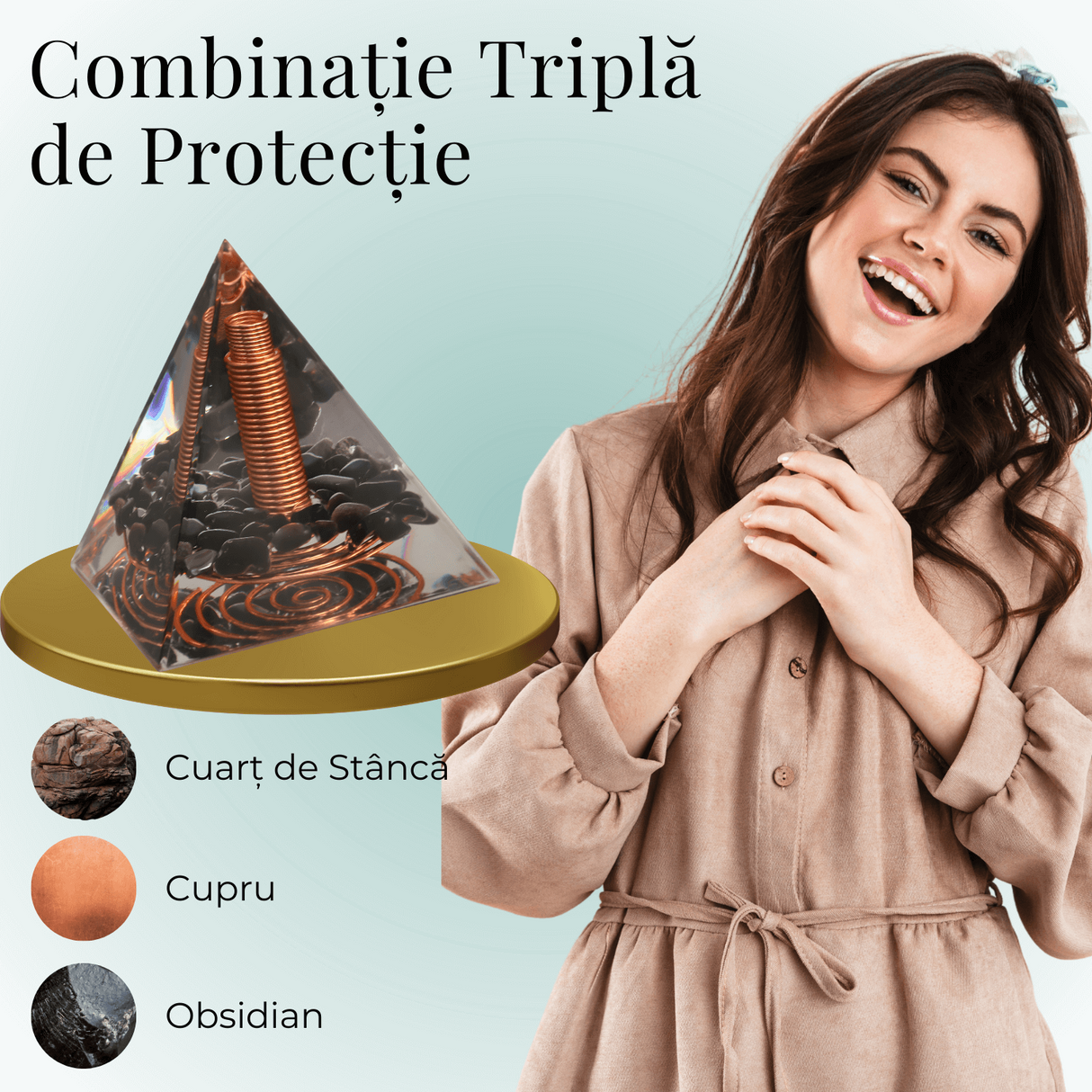 Piramida Orgonica Obsidian cu Varf de Cuart de Stanca si Spirala de Cupru - Protectie