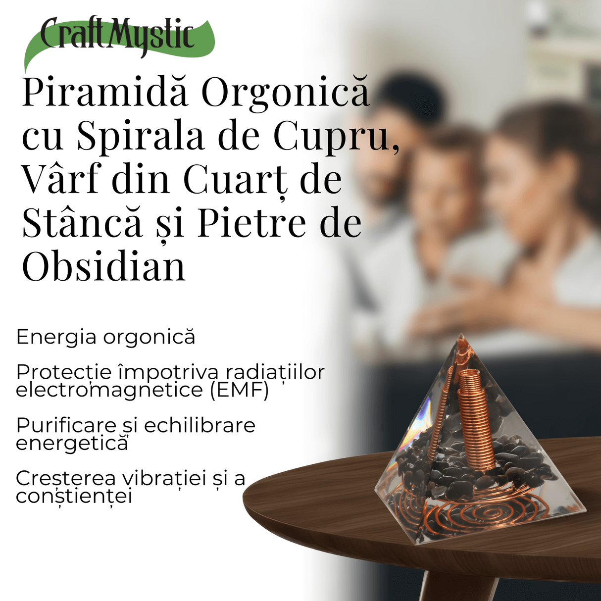 Piramida Orgonica Obsidian cu Varf de Cuart de Stanca si Spirala de Cupru - Protectie
