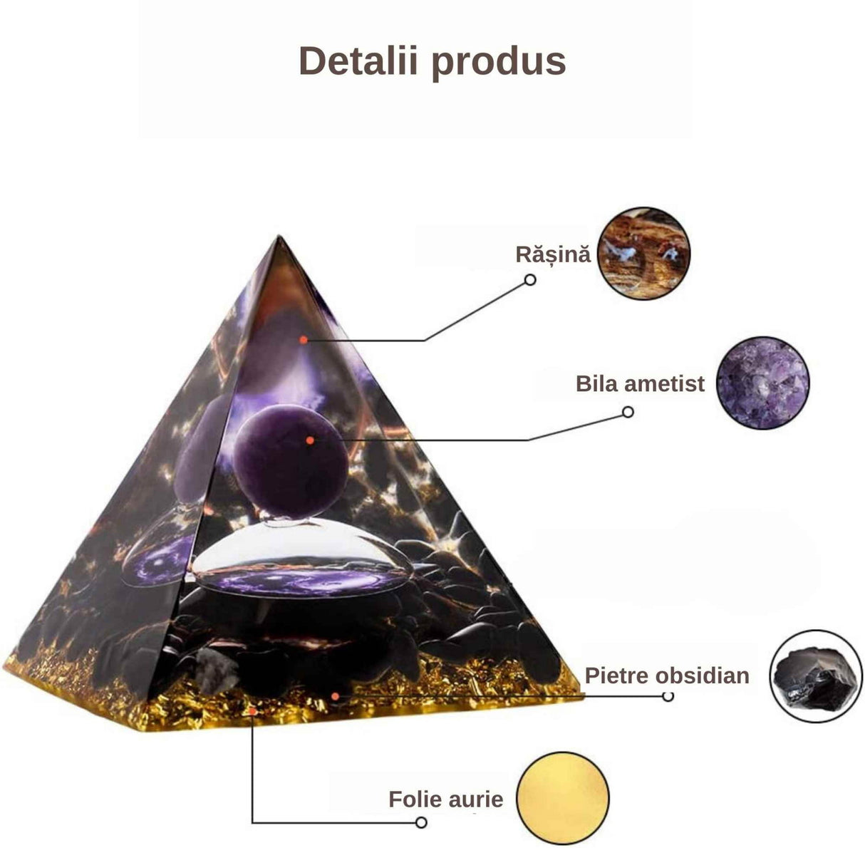 Piramida Orgonica cu cristale vindecatoare de Ametist, Obsidian, foita aurie, rasina naturala si sfera din cristal ametist 8 cm - pentru energie pozitiva si reducerea stresului