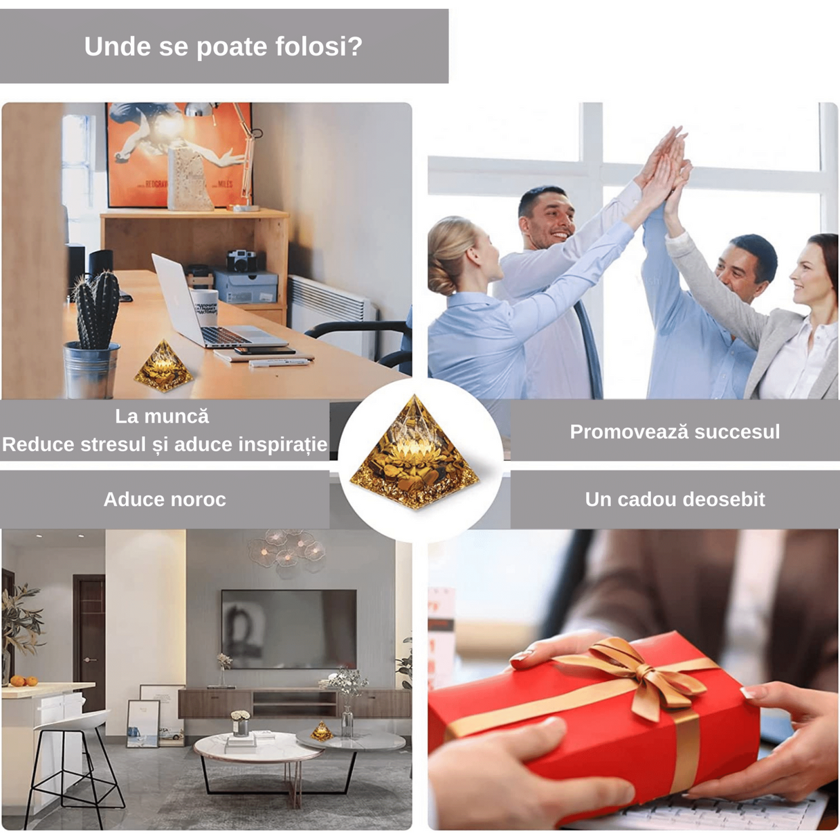 Piramida Orgonica cu cristale vindecatoare Ochi de Tigru, floare de lotus si sfera din cristal transparent 8 cm - Promoveaza bogatia, prosperitatea si atrage succesul