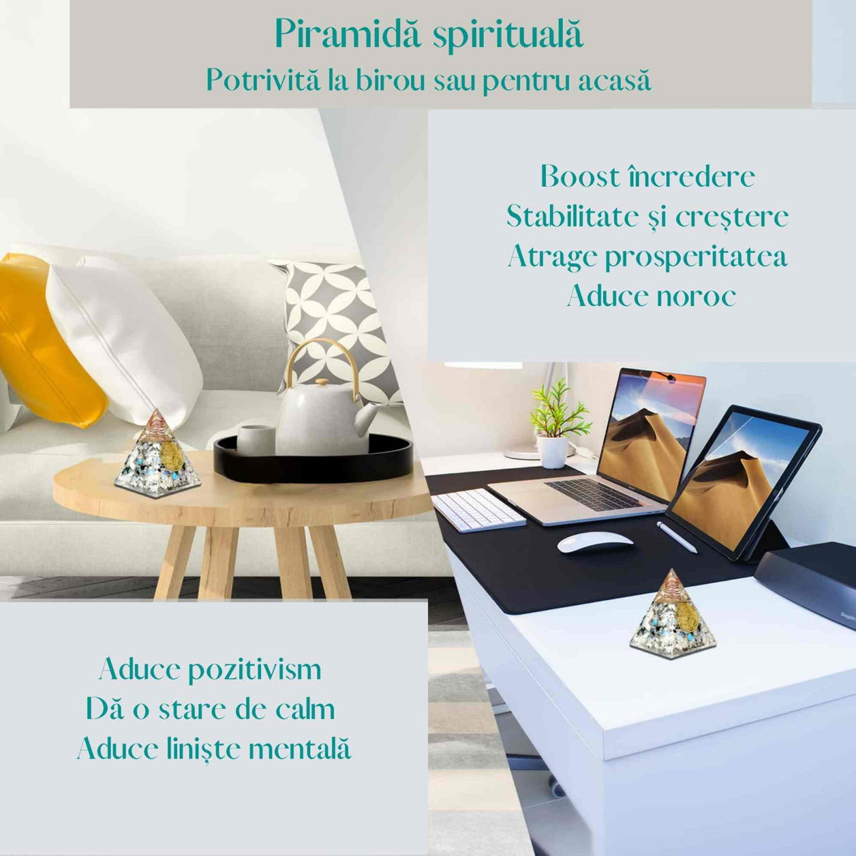 Piramida Orgonica cu Piatra lunii curcubeu si simbolul floarea vietii 8 cm - incurajeaza speranta, sensibilitatea, intuitia si abilitatile psihice