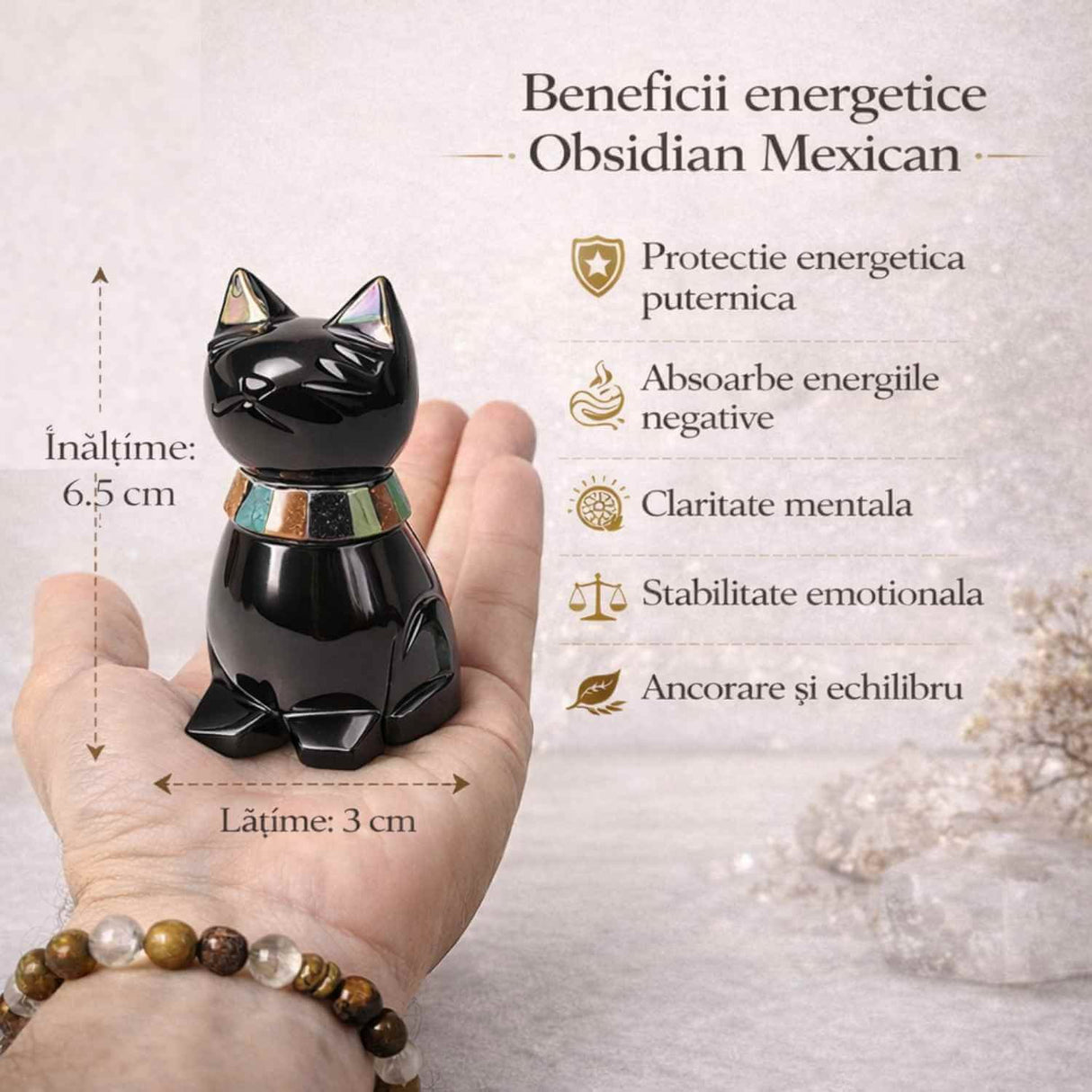 Pisicuta Feng Shui din Obsidian Negru Mexican cu insertii de pietre naturale – editie limitata
