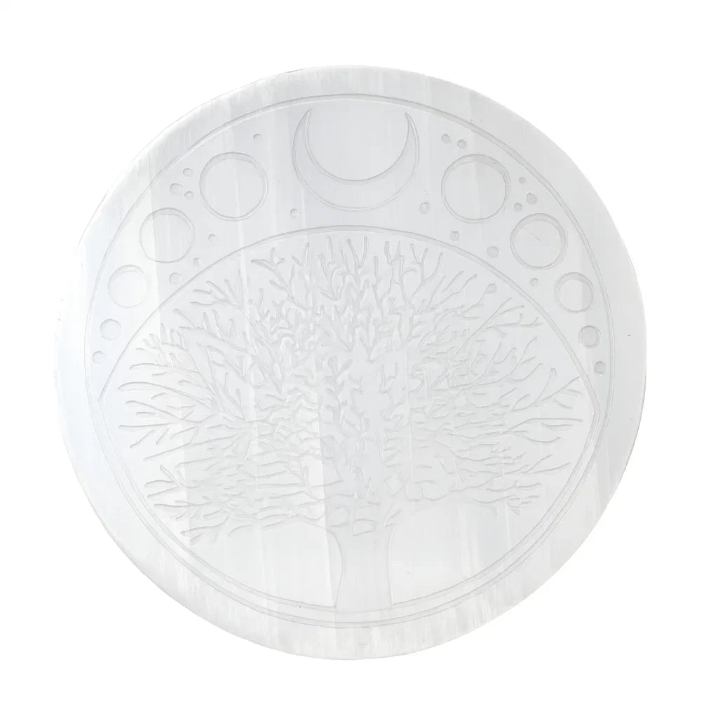 Placa din Selenit Natural cu Arborele Vietii si Fazele Lunii – Armonie si Conectare Spirituala