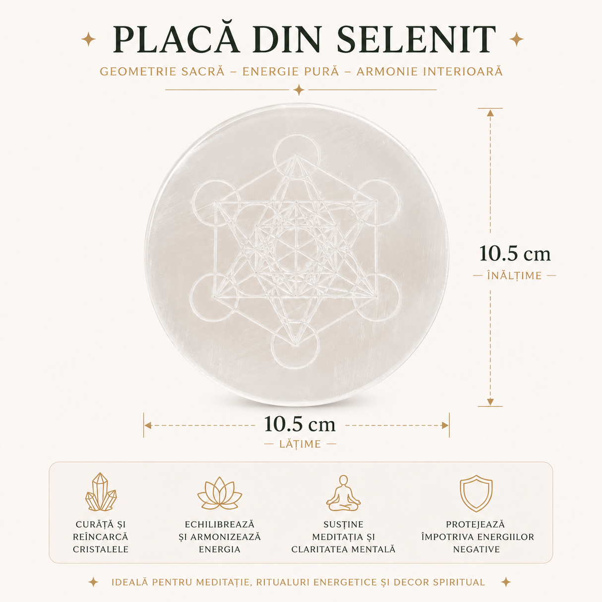 Placa din Selenit Natural cu Cubul lui Metatron – Purificare si Armonie Energetica
