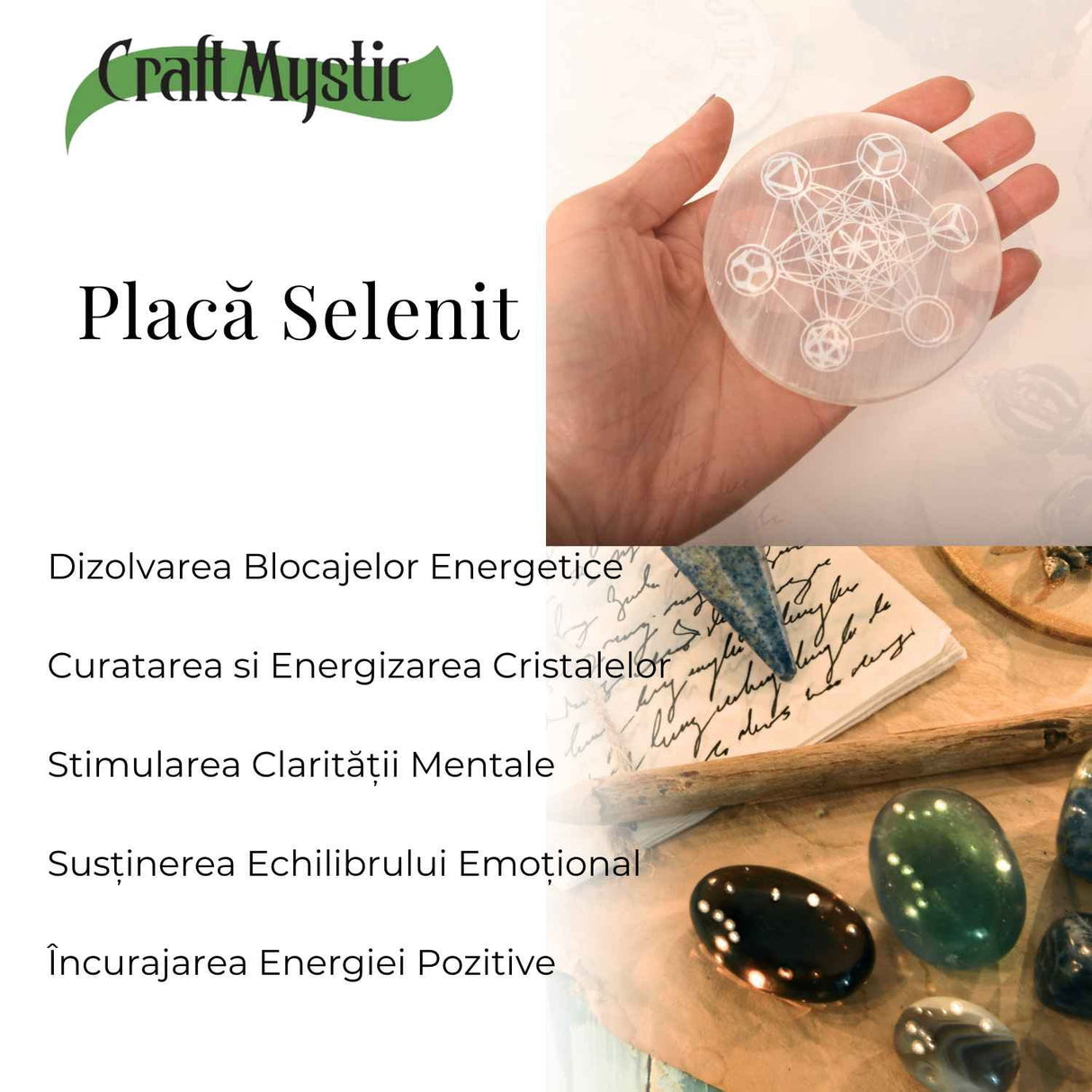 Placa Rotunda din Selenit Natural cu Cubul lui Metatron 8x8 cm– Purificare si Echilibru Energetic