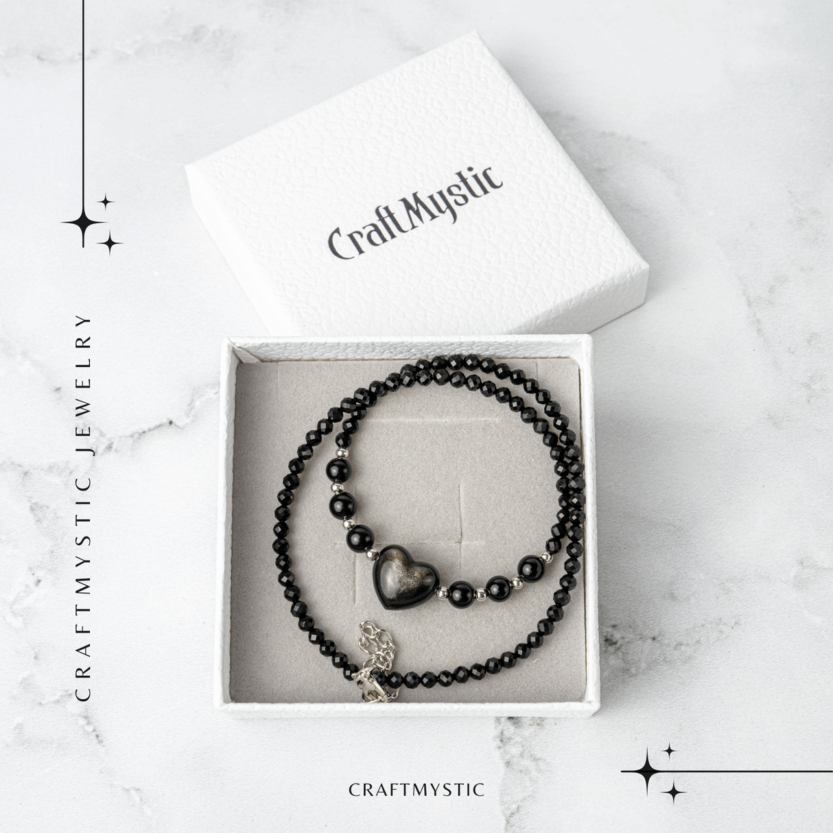 Protectie si Echilibru - Colier Inima din Obsidian de Gheata si Obsidian Natural