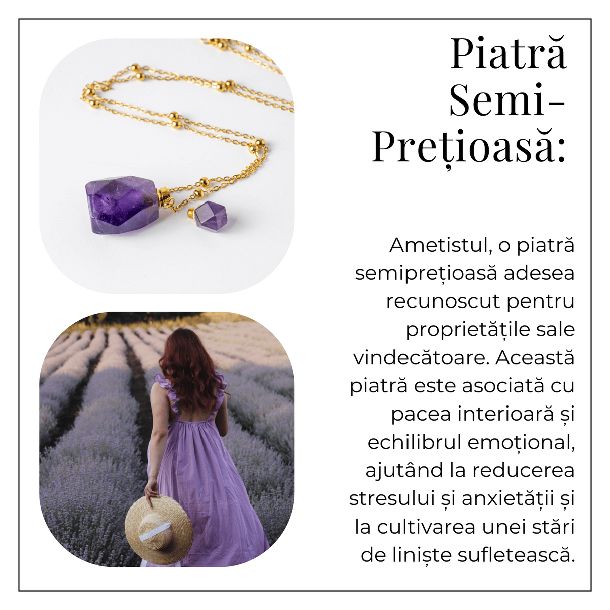 Claritate si Protectie - Colier Sticluta din Ametist Natural Fatetat, lant din Cupru Placat Auriu