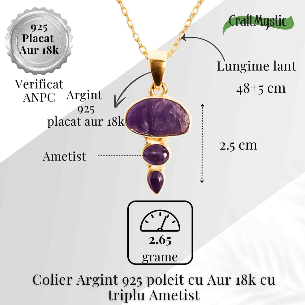 Calm Interior si Claritate Mentala - Colier inox si pandantiv argint 925 placat cu aur de18k si Triplu Ametist