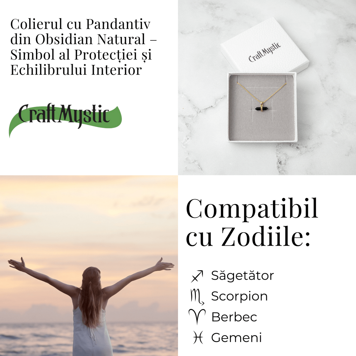 Protectie si Echilibru - Colier din Obsidian Natural pe Lant de Cupru