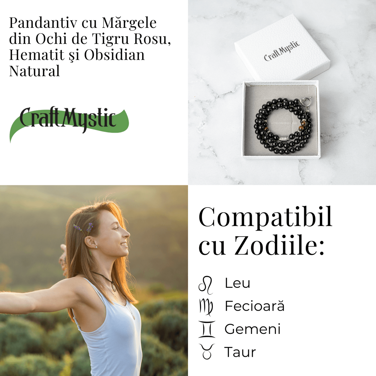 Putere si Protectie - Colier cu Ochi de Tigru, Hematit si Obsidian pe Lant din Otel Inoxidabil