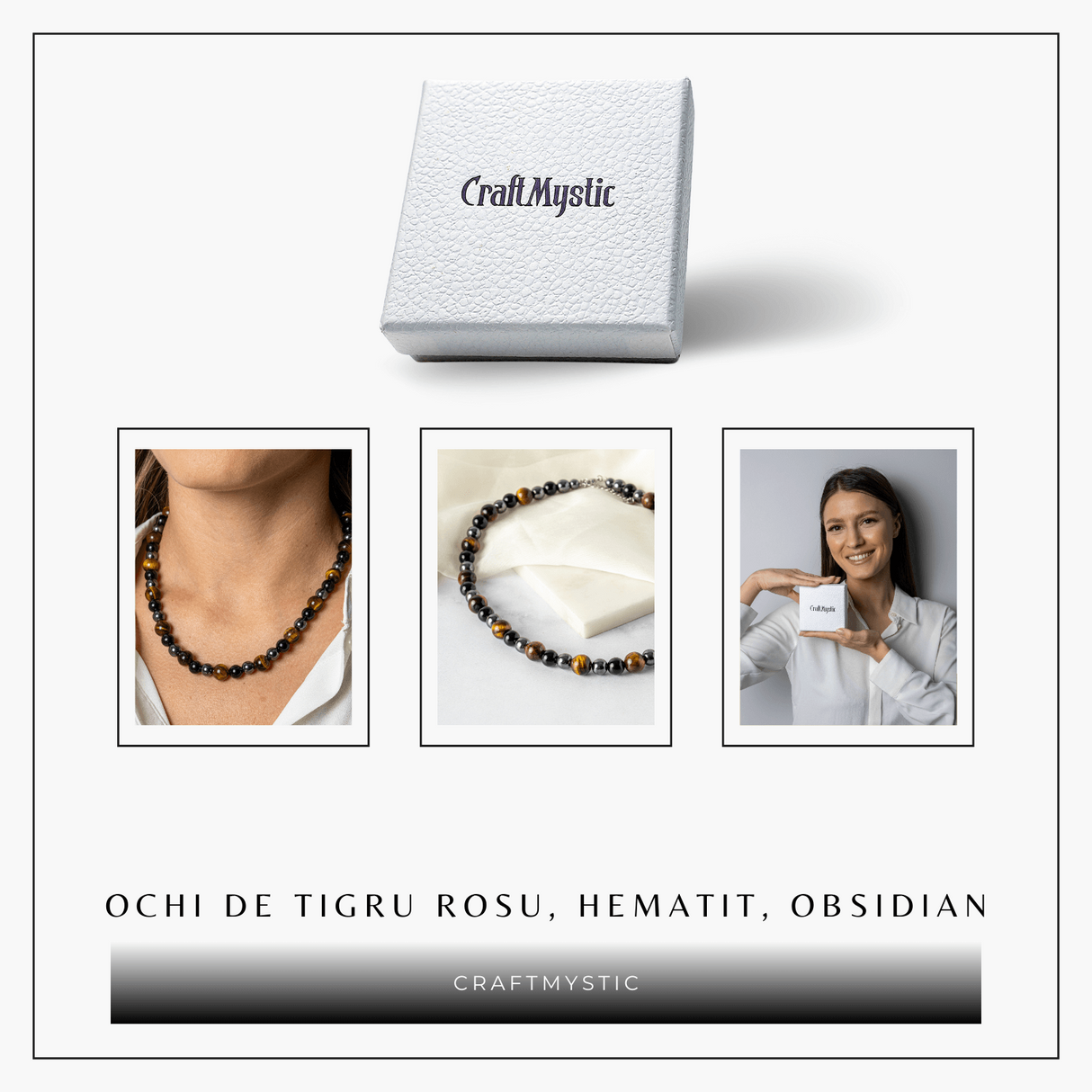 Putere si Protectie - Colier cu Ochi de Tigru, Hematit si Obsidian pe Lant din Otel Inoxidabil