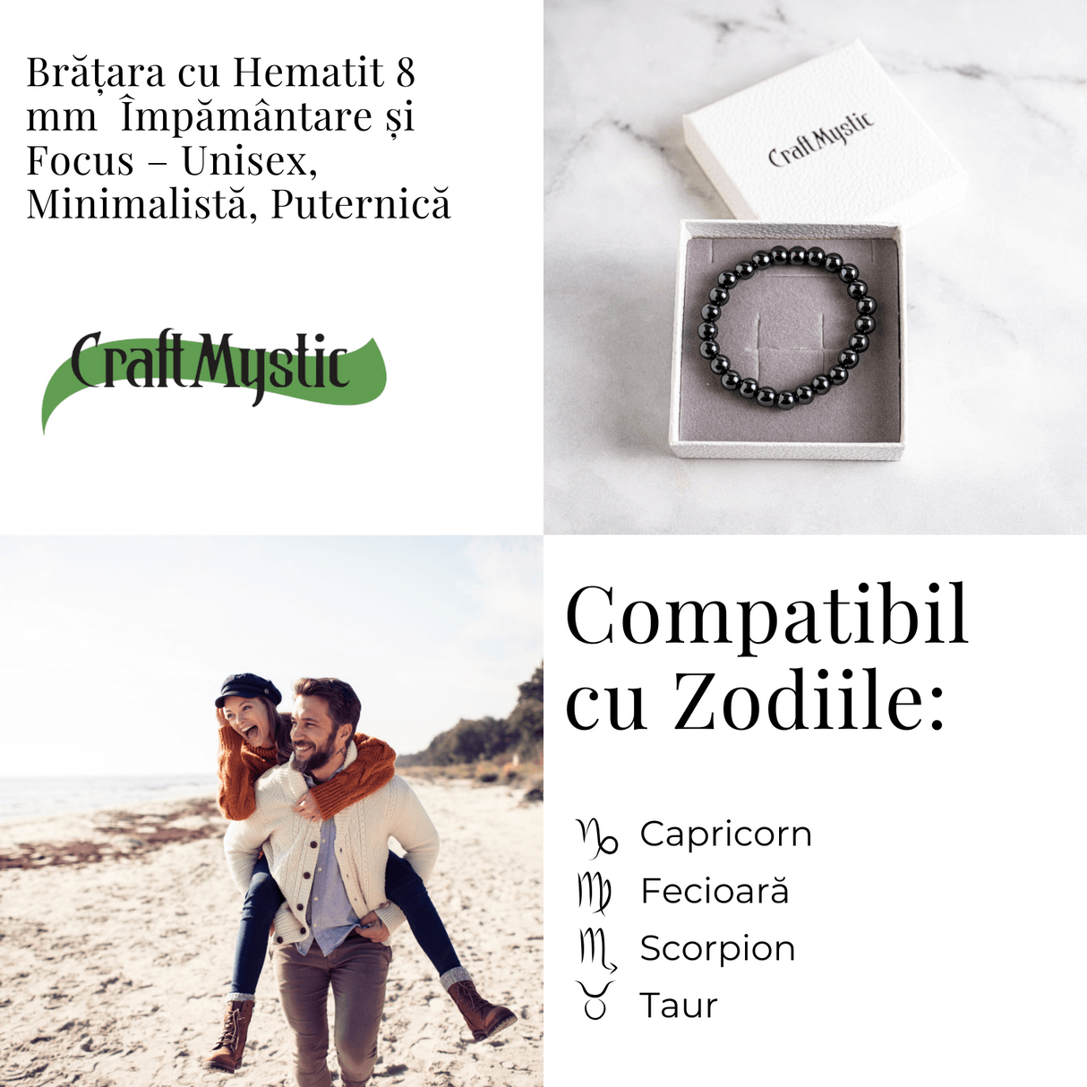 Bratara cu Hematit 8 mm Impamantare si Focus - Unisex, minimalista, puternica
