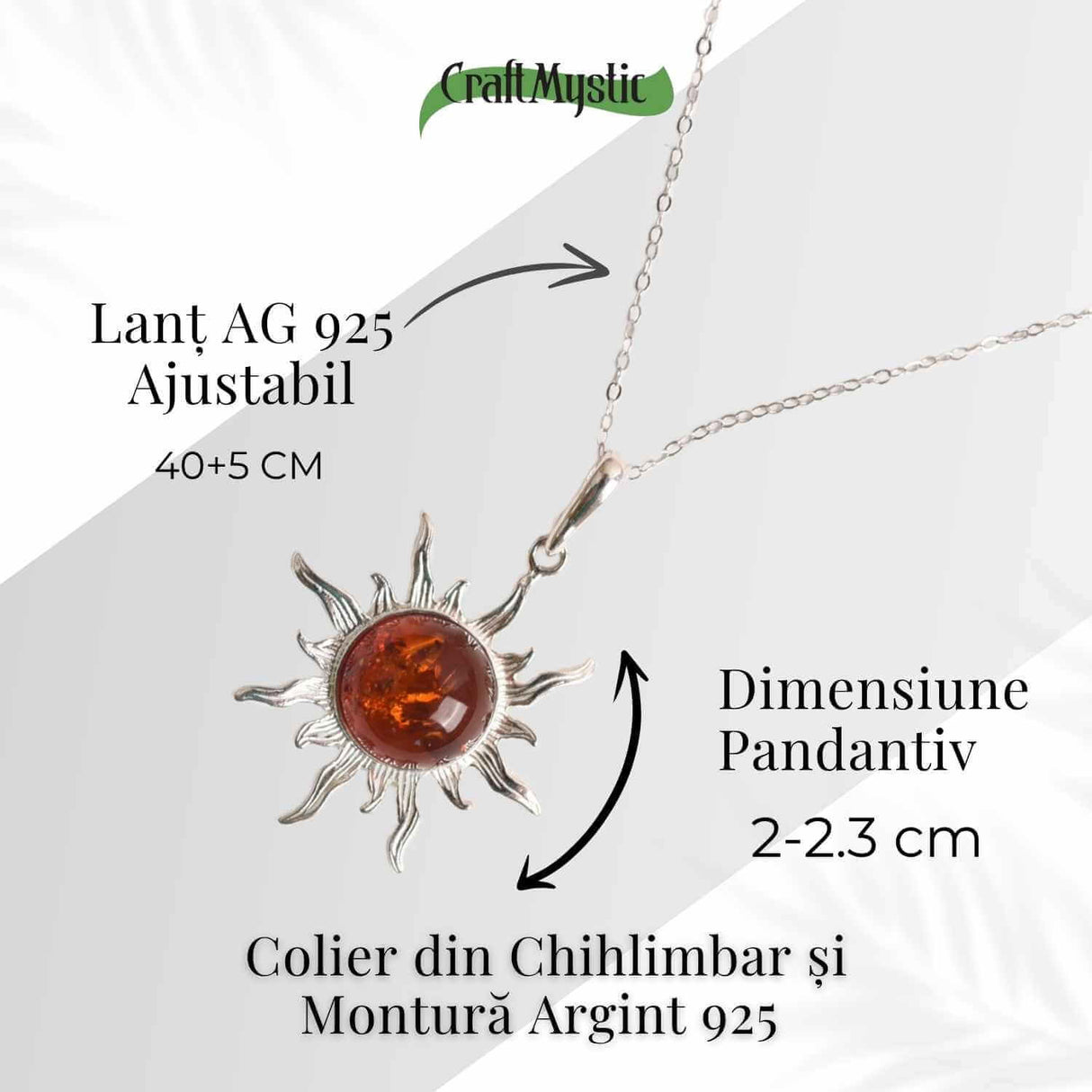 Colier Soare cu Chihlimbar Natural si Lant Argint 925 Ajustabil