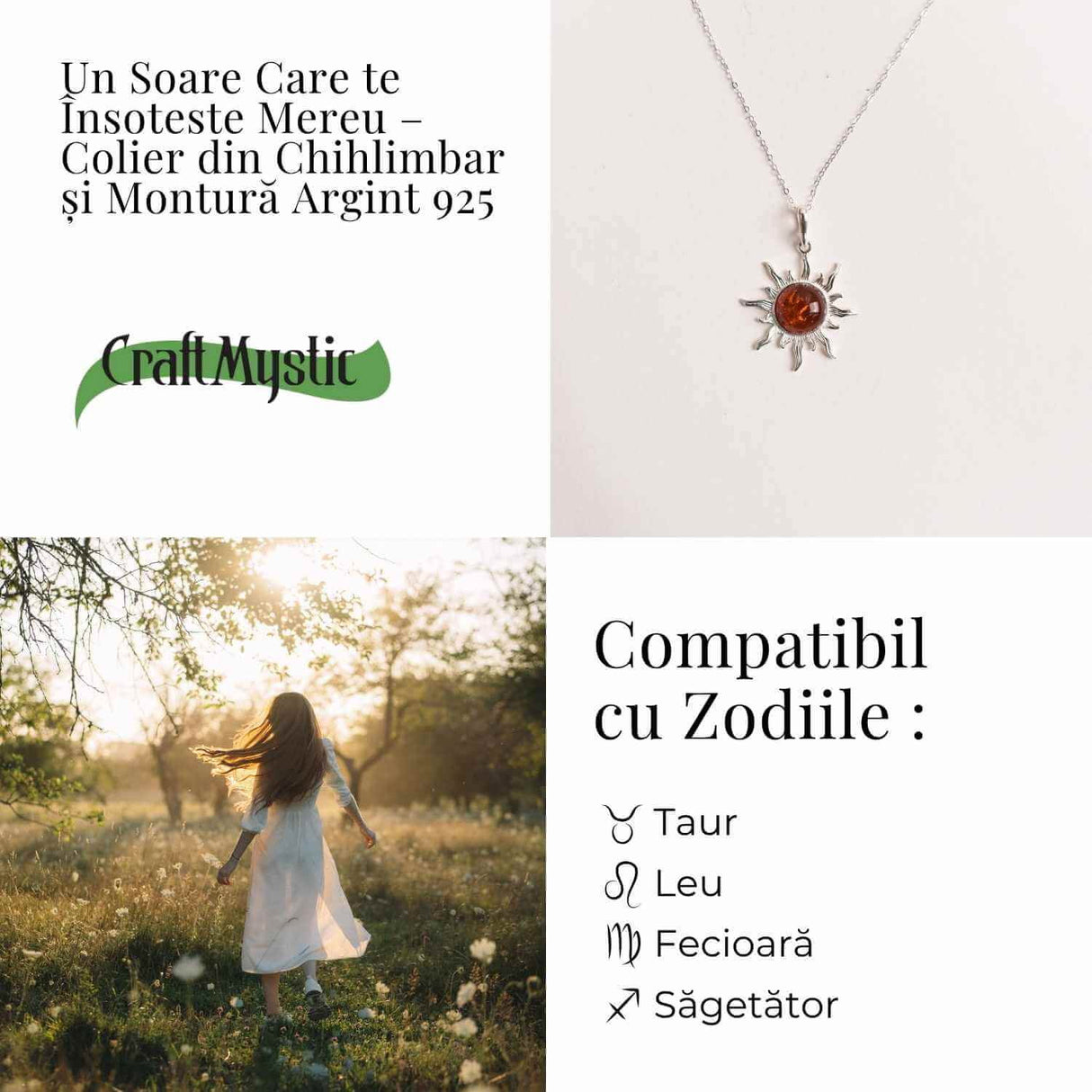 Colier Soare cu Chihlimbar Natural si Lant Argint 925 Ajustabil