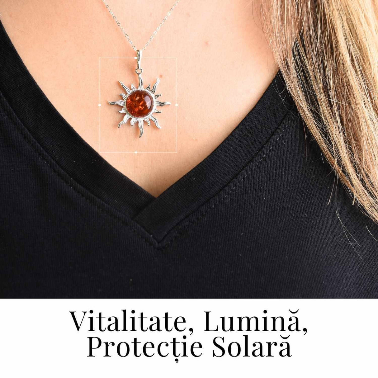 Colier Soare cu Chihlimbar Natural si Lant Argint 925 Ajustabil