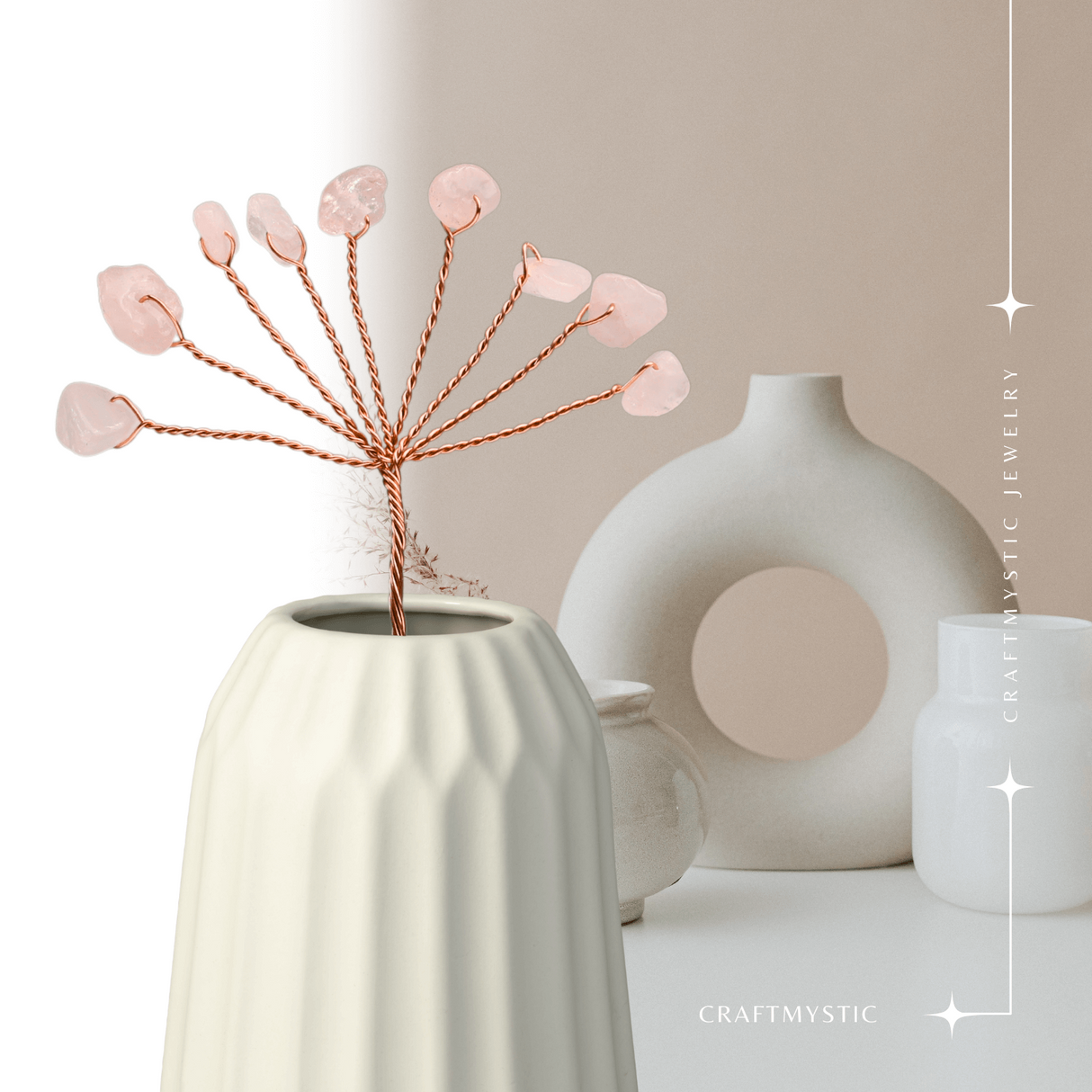 Ramurica Decorativa DIY cu Pietre Naturale Cuart Roz (9 Pietricele)
