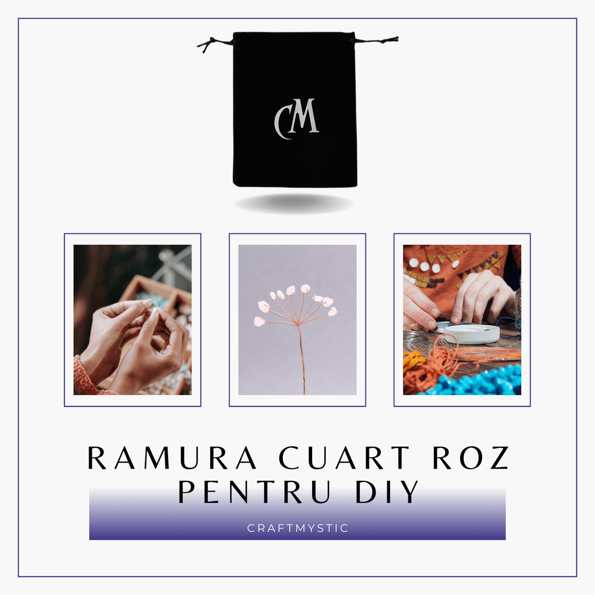 Ramurica Decorativa DIY cu Pietre Naturale Cuart Roz (9 Pietricele)