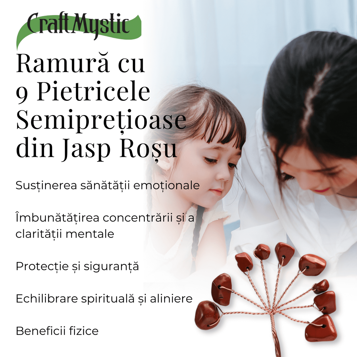 Ramurica Creativa DIY cu Pietre Naturale Jasp Rosu (9 Pietricele)