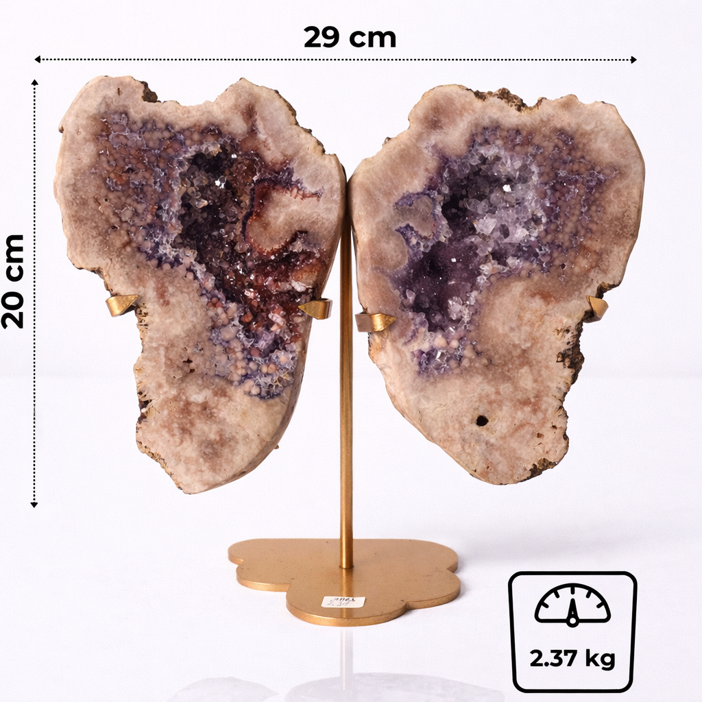 Pereche aripi din ametist roz cu geoda activa - sculptata manual Brazilia