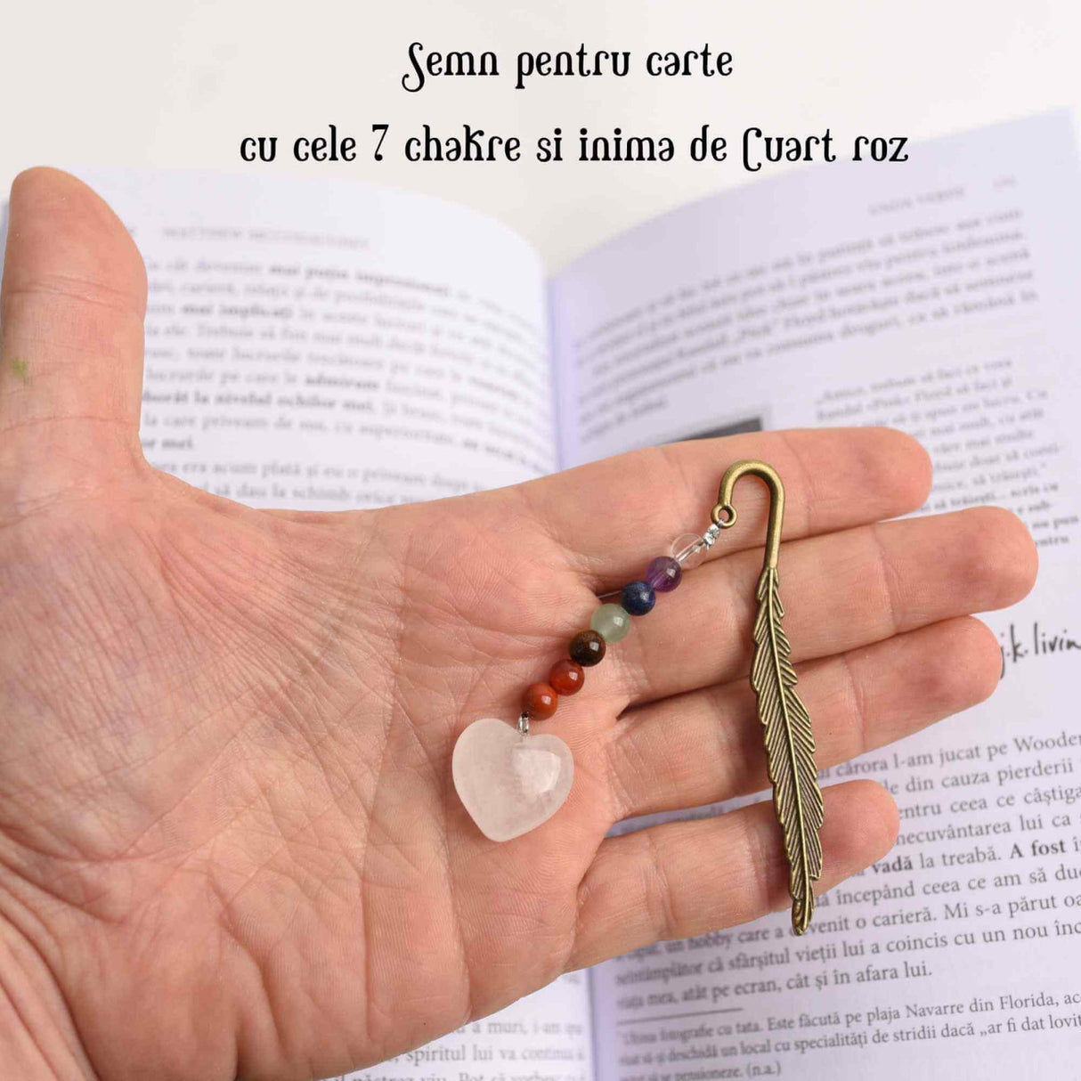 Semn de Carte Energetic cu Cele 7 Chakre si Inimioara din Cuart Roz - Cadoul Spiritual Ideal pentru Iubitorii de Carti