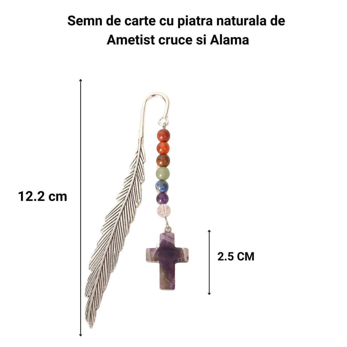 Semn de carte cu piatra naturala de Ametist, Cruce si 7 Chakre