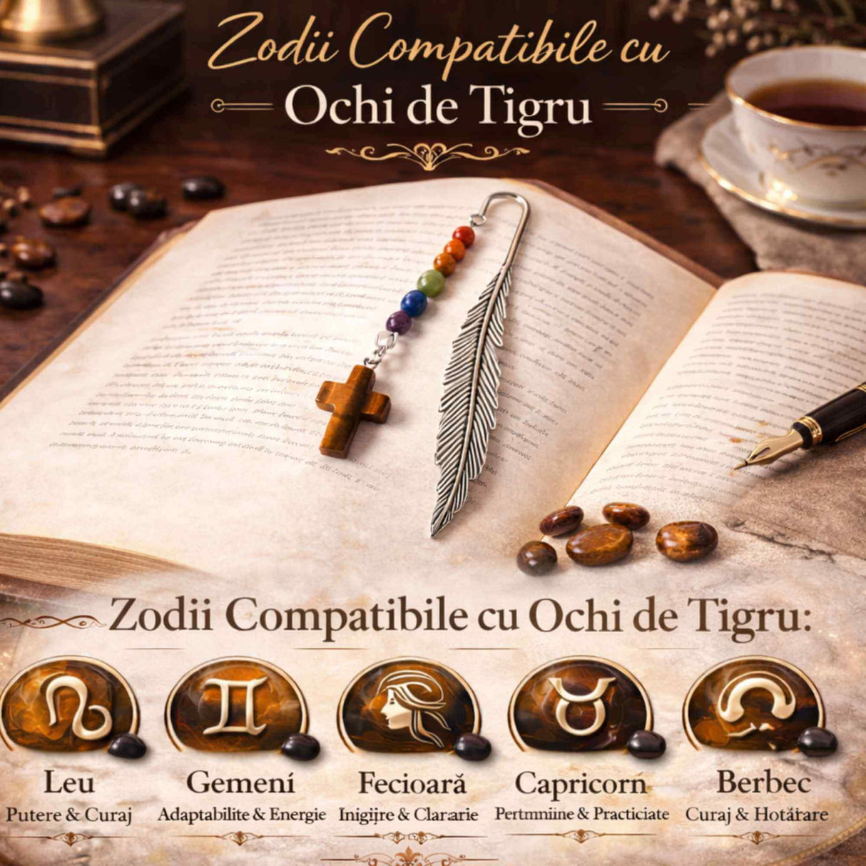 Semn de carte cu piatra naturala de Ochi de Tigru, Cruce si 7 Chakre
