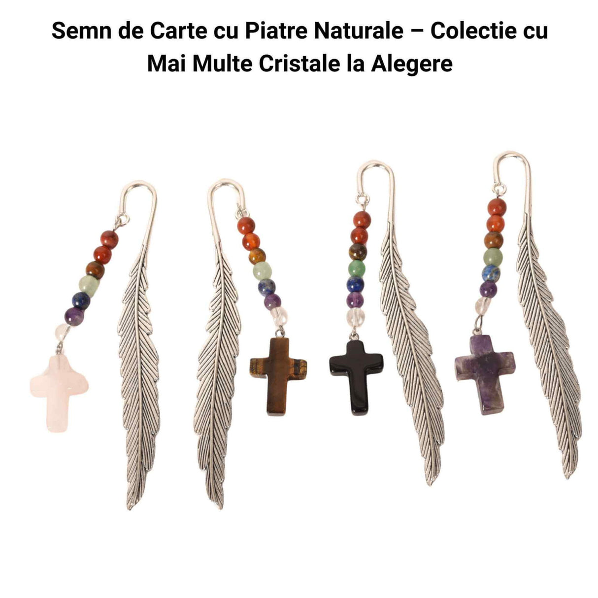 Semn de carte cu piatra naturala de Ochi de Tigru, Cruce si 7 Chakre