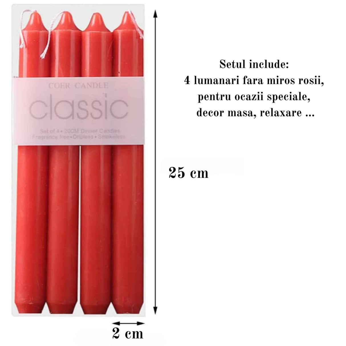 Set 4 Lumanari rosii drepte de 25 cm - Lumanari fara picurare si fara parfum - Perfecte ca lumanari pentru cina, ocazii speciale