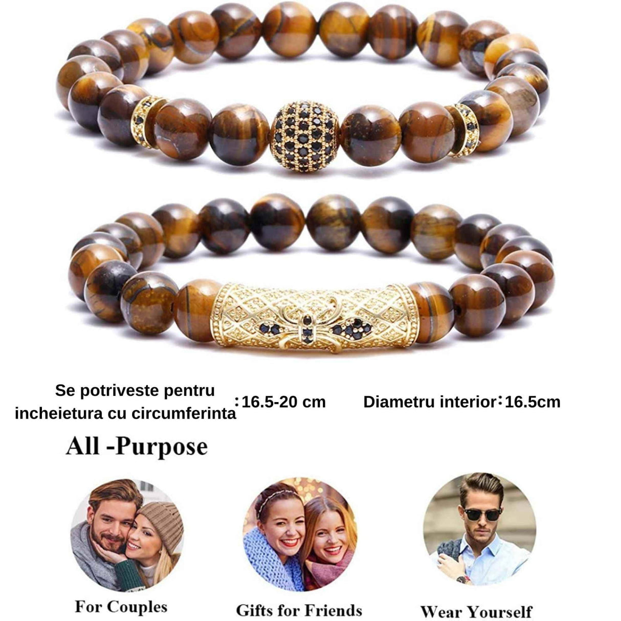 Set 2 Bratari elastice cu pietre semipretioase ochi de tigru de 8 mm - bratara pentru meditatie, yoga, reiki