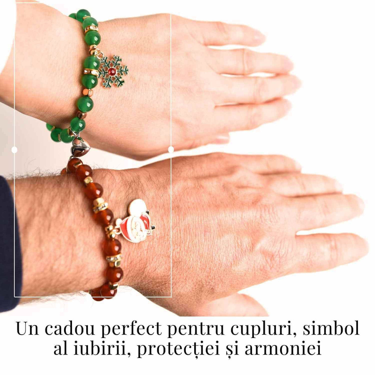 Set bratari cuplu Agat rosu, verde cu accesoriu Mos Craciun si fulg de nea - iubire si protectie