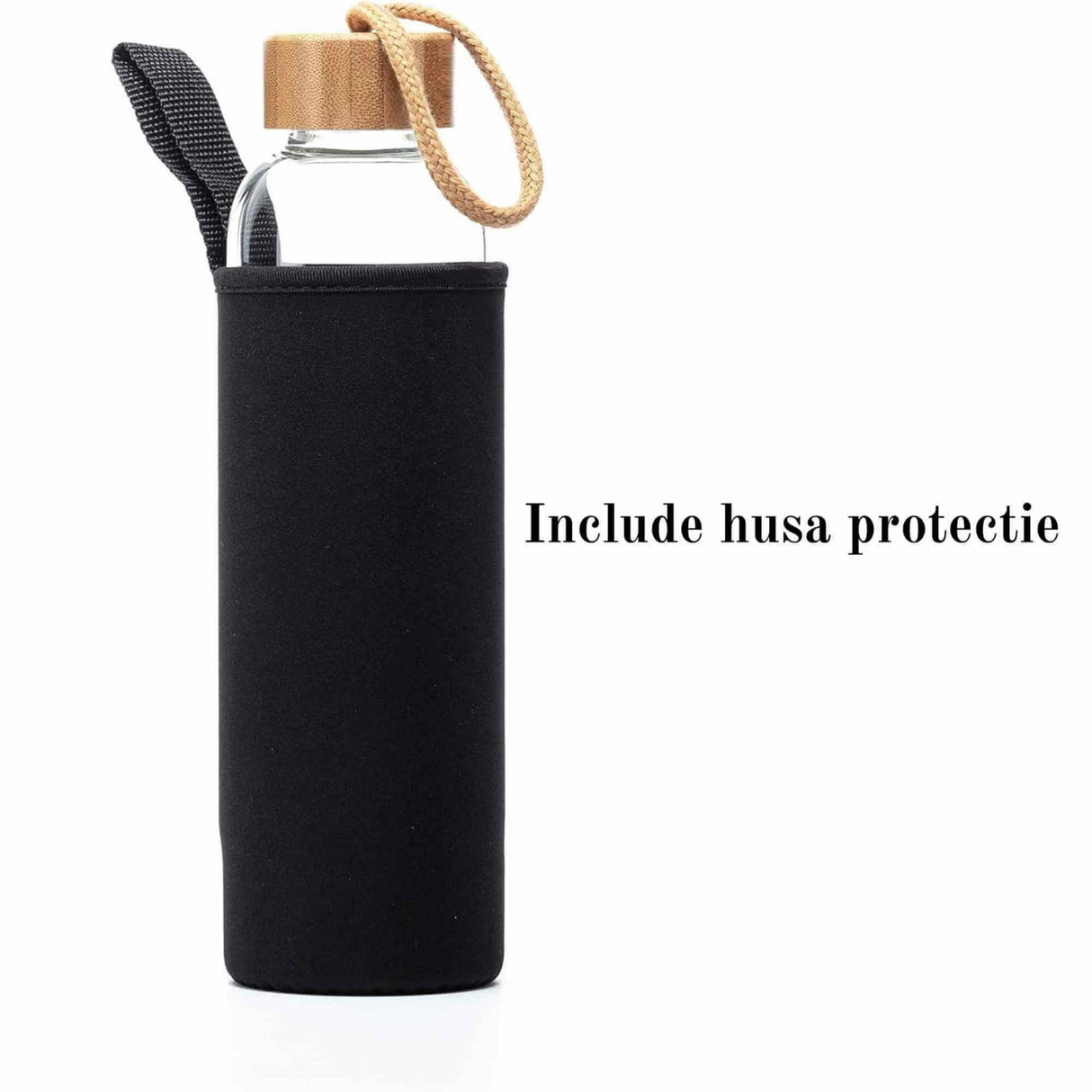 Sticla pentru apa cu varf cristal Cuart Roz si Bambus - Capacitate 500 ml si include husa de protectie neagra