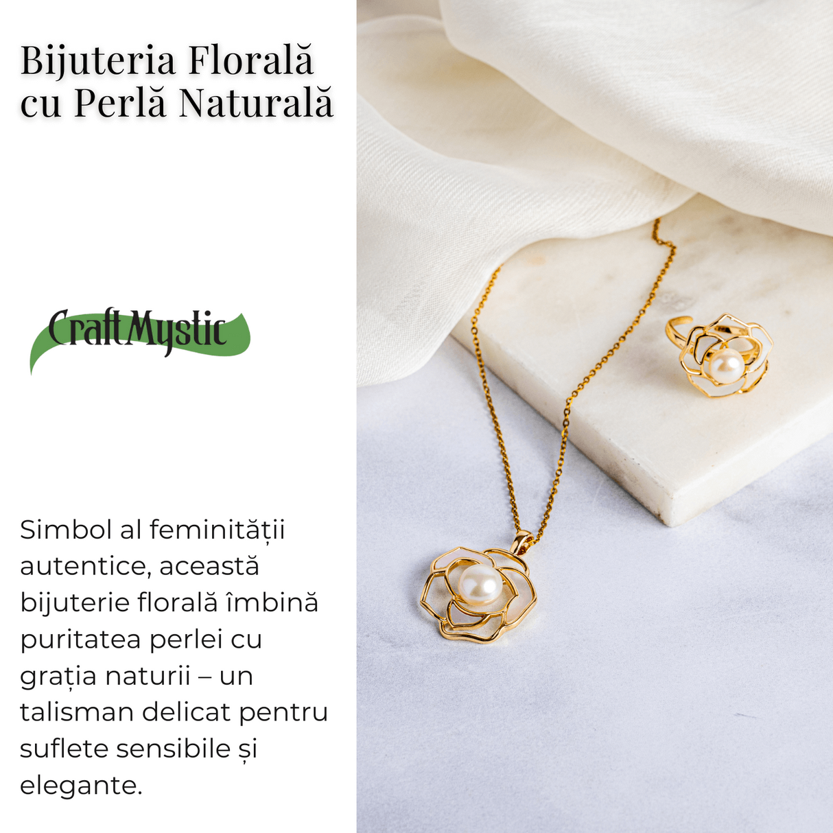 Bijuterie inspirata de natura - Inel floare de camelie cu perla si scoica