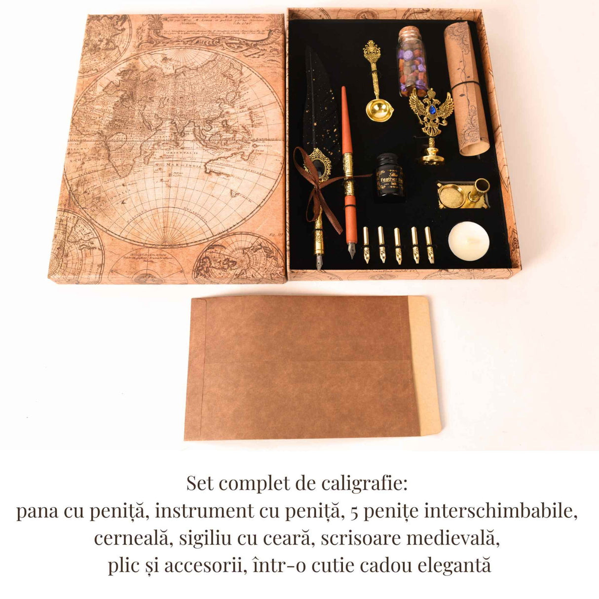 Set Caligrafie cu Pana si Sigiliu – Scris Artistic si Scrisoare Medievala Cadou