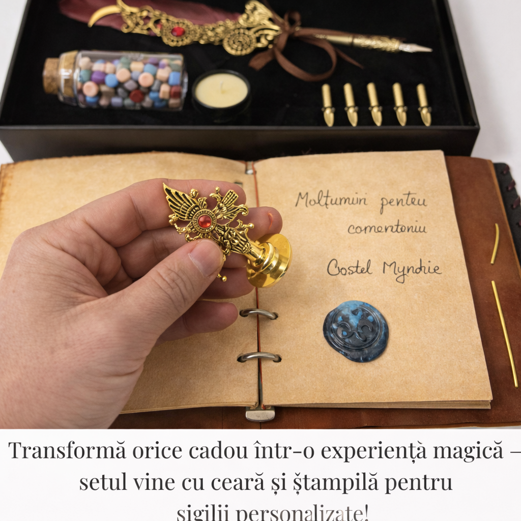Set Caligrafie cu Pana si Sigiliu – Scris Artistic si Scrisoare Medievala Cadou