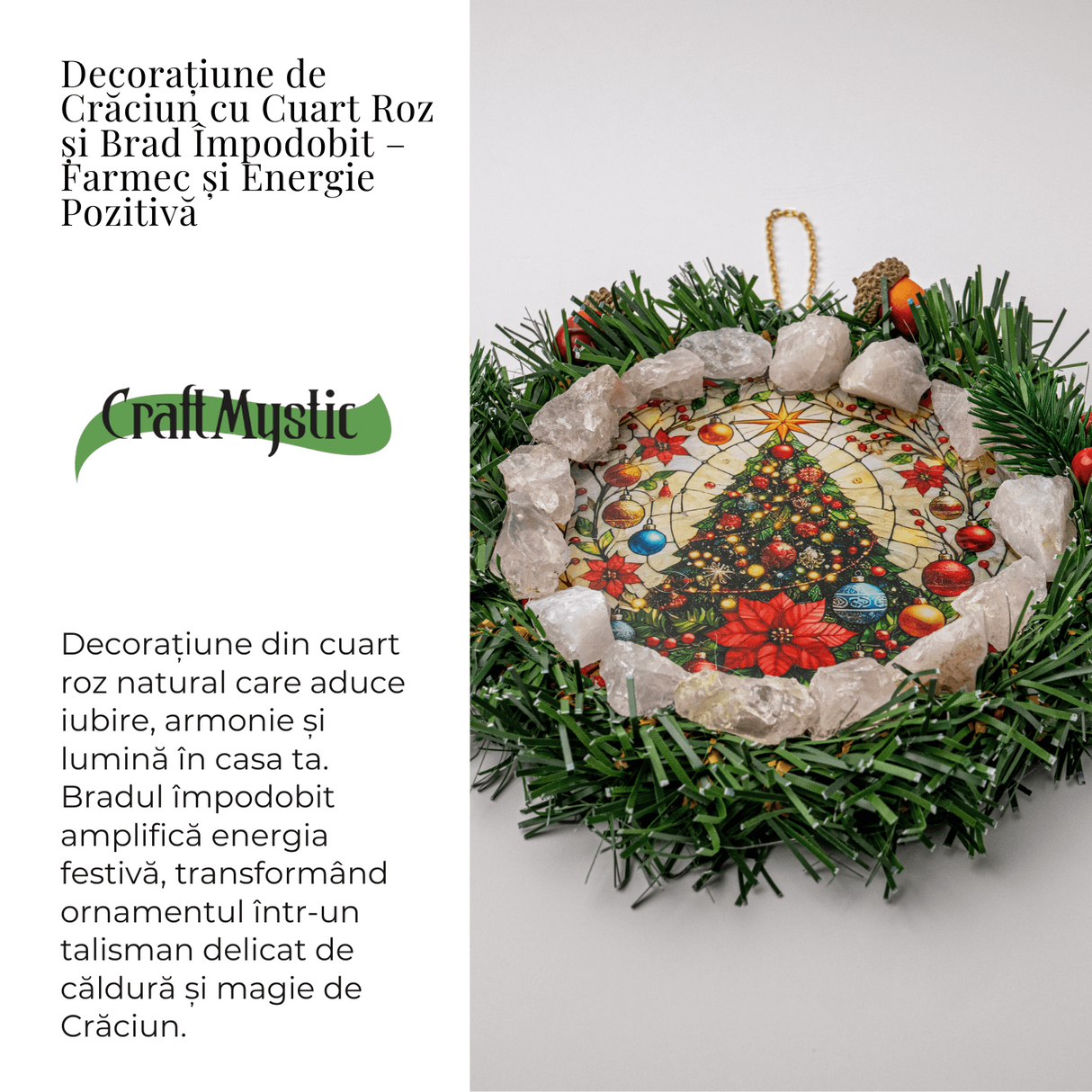 Coronita de Craciun cu Cuart Roz Brut - Armonie, Iubire si Magie Festiva