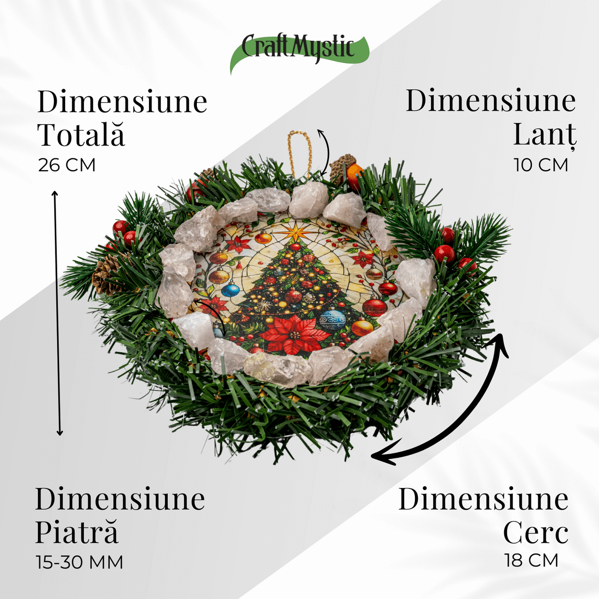 Coronita de Craciun cu Cuart Roz Brut - Armonie, Iubire si Magie Festiva