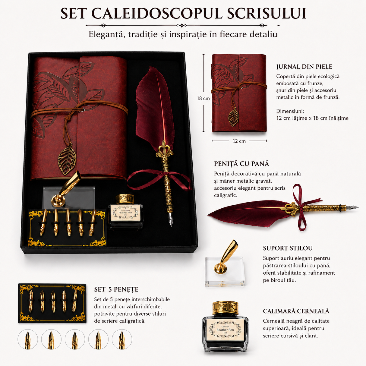 Set Stilou cu Pana Visinie si Jurnal Vintage – Eleganta Clasica pentru Scris si Cadou Special