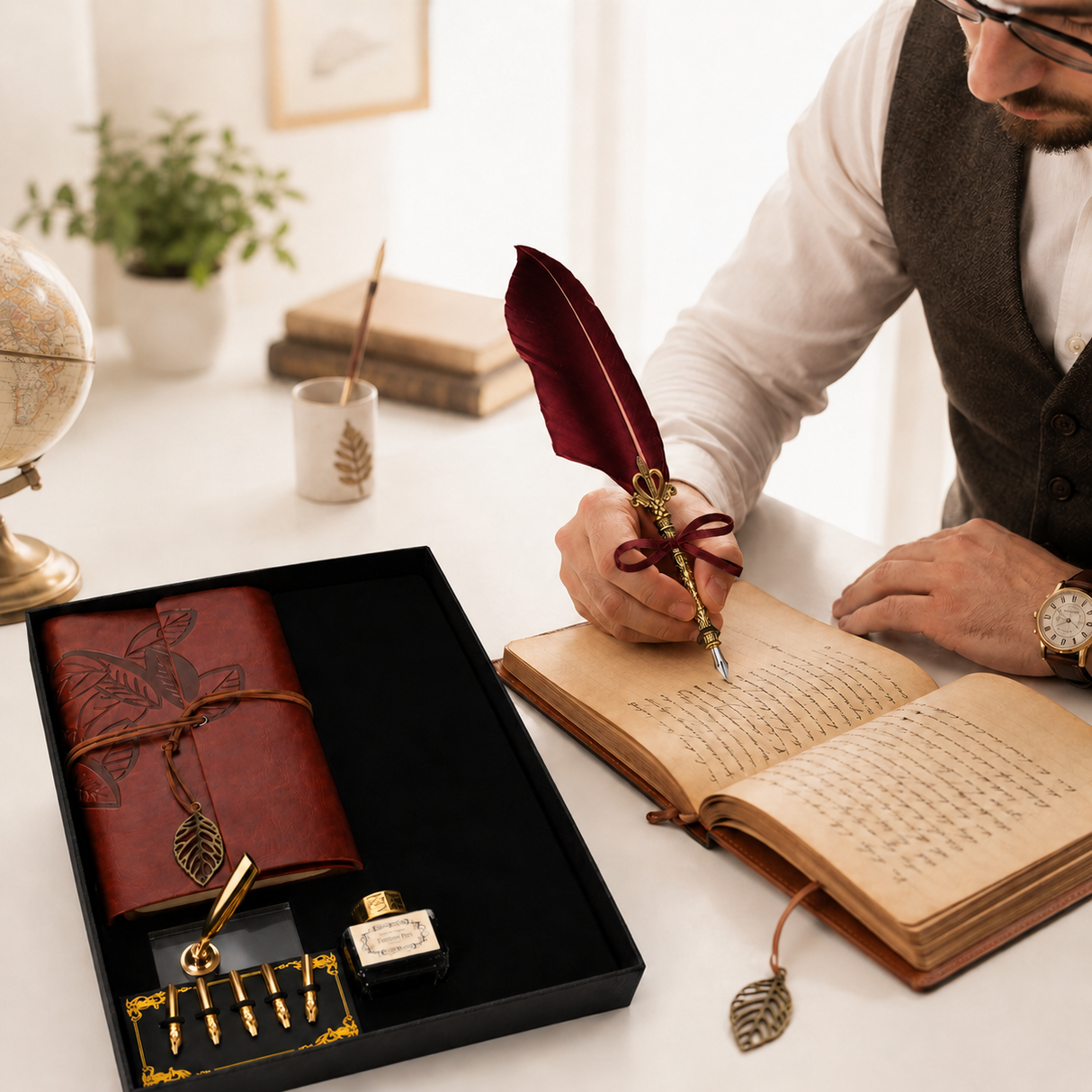 Set Stilou cu Pana Visinie si Jurnal Vintage – Eleganta Clasica pentru Scris si Cadou Special