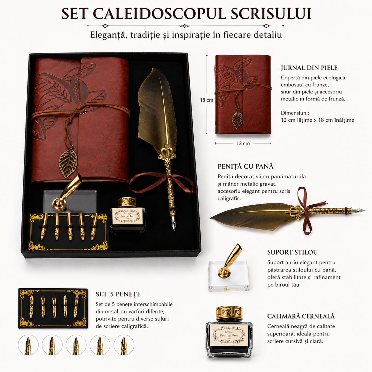 Set Stilou cu Penita si Pana Aurie in Cutie Cadou – Eleganta Vintage si Inspiratie pentru Scris