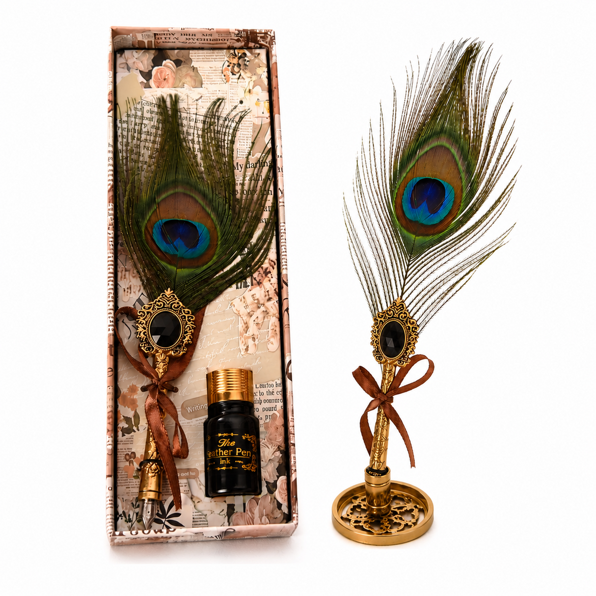Set Stilou cu Penita si Pana in Cutie Cadou – Eleganta Vintage si Inspiratie Creativa