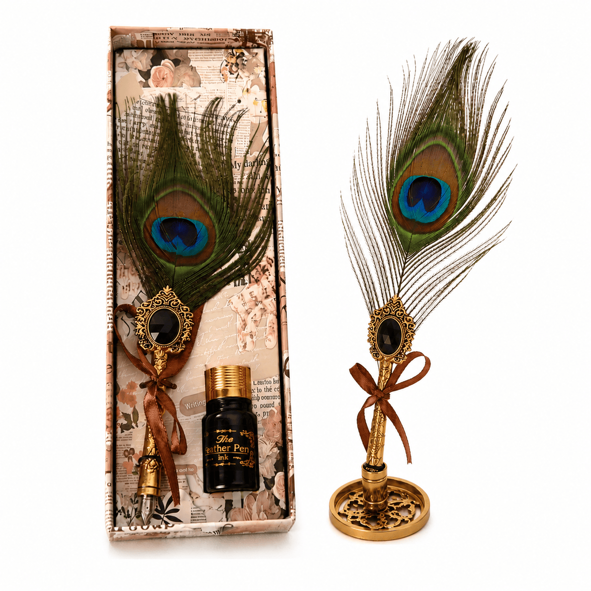 Set Stilou cu Penita si Pana in Cutie Cadou – Eleganta Vintage si Inspiratie Creativa