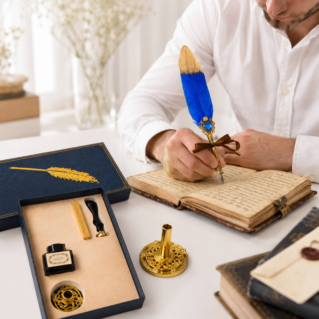 Set Stilou cu Penita si Pana Albastru-Auriu – Cadou Elegant pentru Scris Creativ