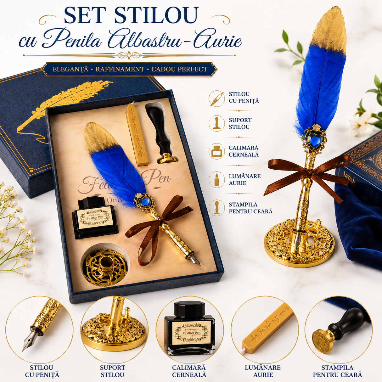 Set Stilou cu Penita si Pana Albastru-Auriu – Cadou Elegant pentru Scris Creativ