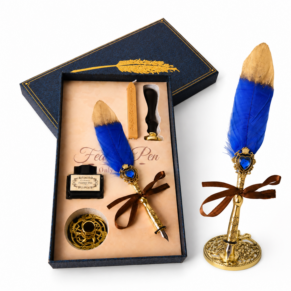 Set Stilou cu Penita si Pana Albastru-Auriu – Cadou Elegant pentru Scris Creativ