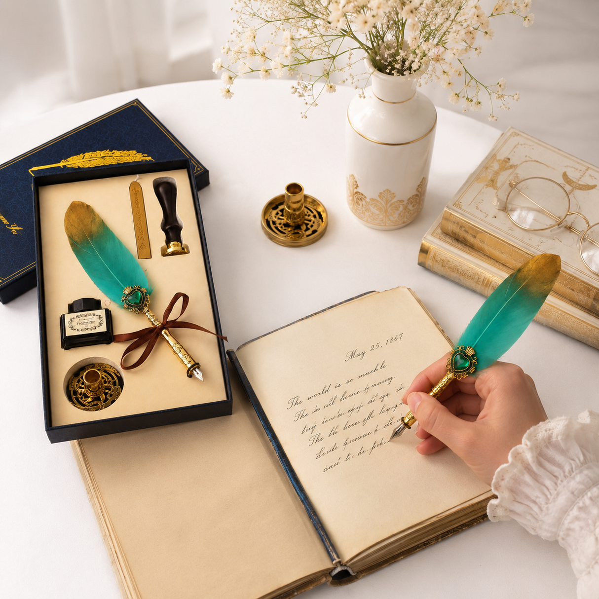Set Stilou cu Penita si Pana Verde-Auriu, Ceara si Stampila – Cadou Elegant pentru Pasionatii de Scris