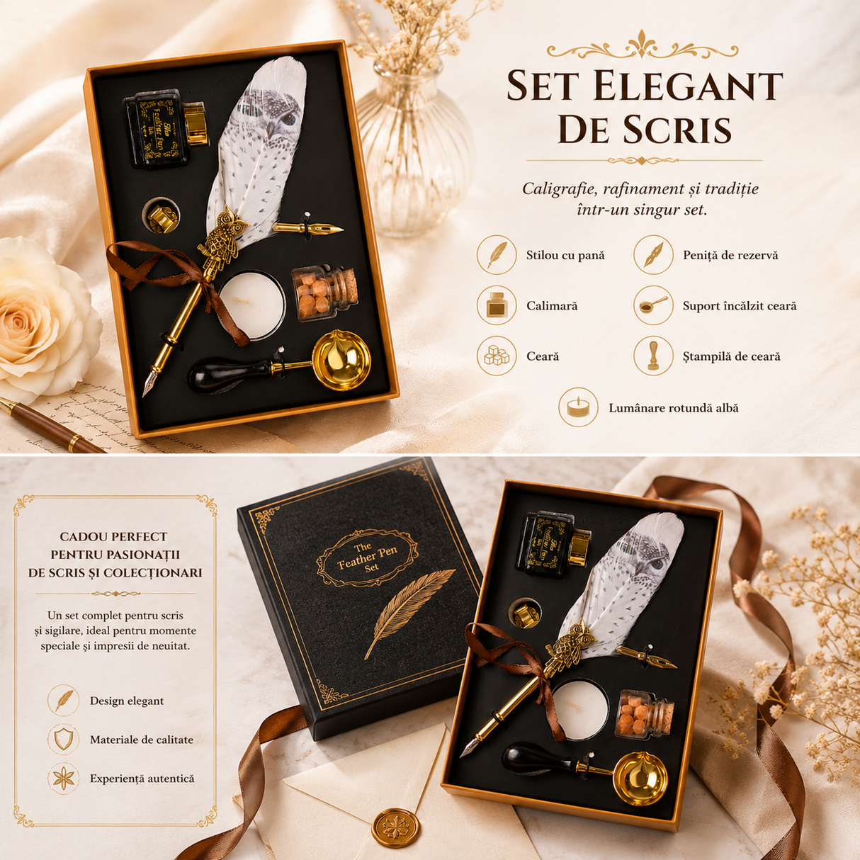 Set Stilou Pana Alba cu Bufnita Vintage – Eleganta si Inspiratie pentru Scris Artistic